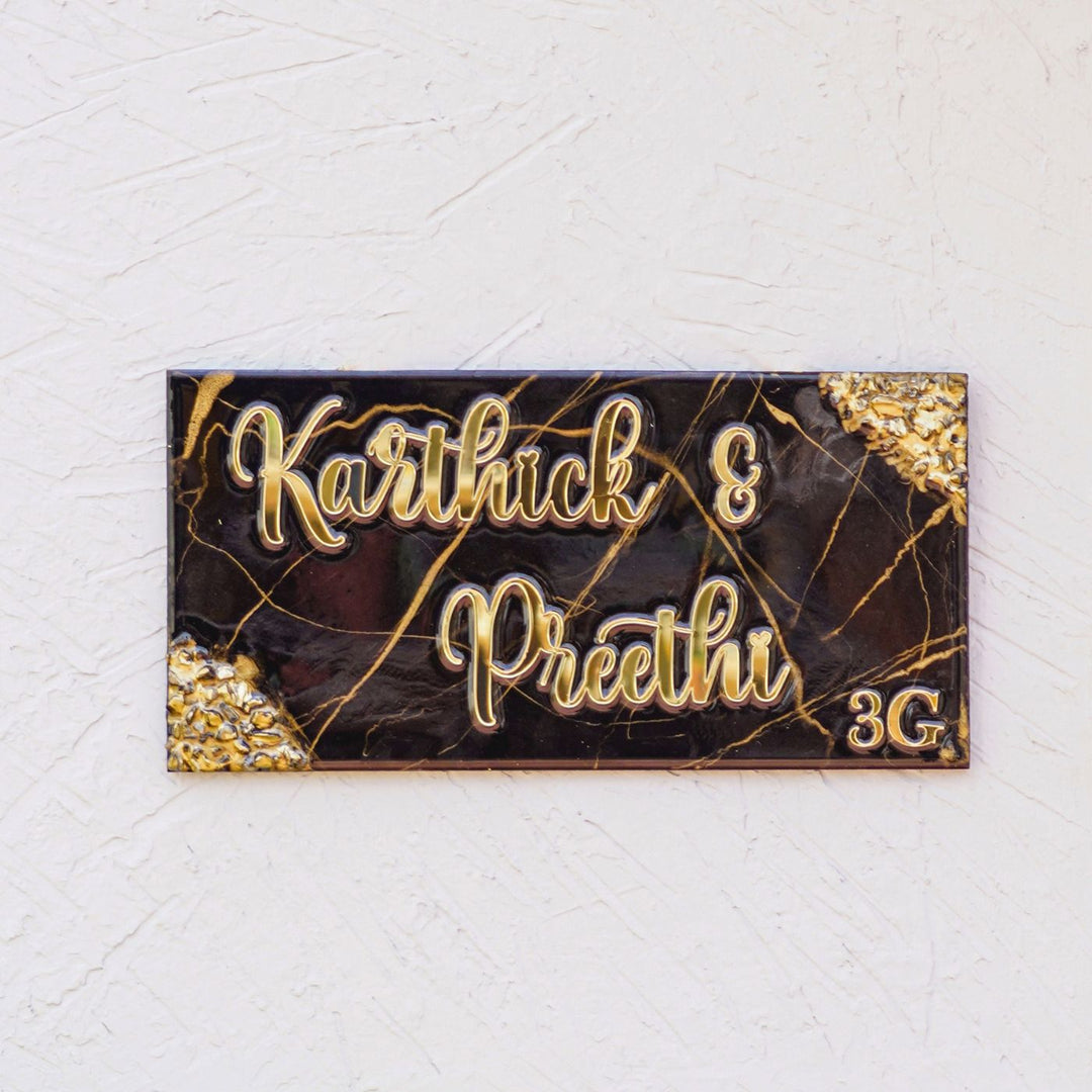 Handmade Resin Black & Gold Rectangle Marbled Name Plate