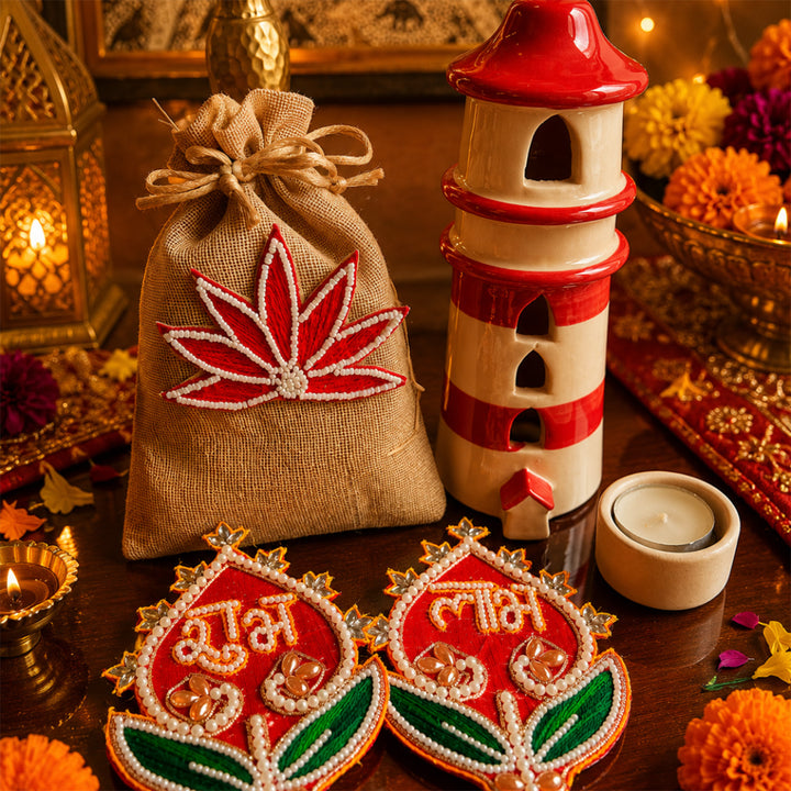 Shubh Labh Red Tealight Home Diwali Gift Hamper With Potli And Mata Laxmi Charan For Festive Gifting