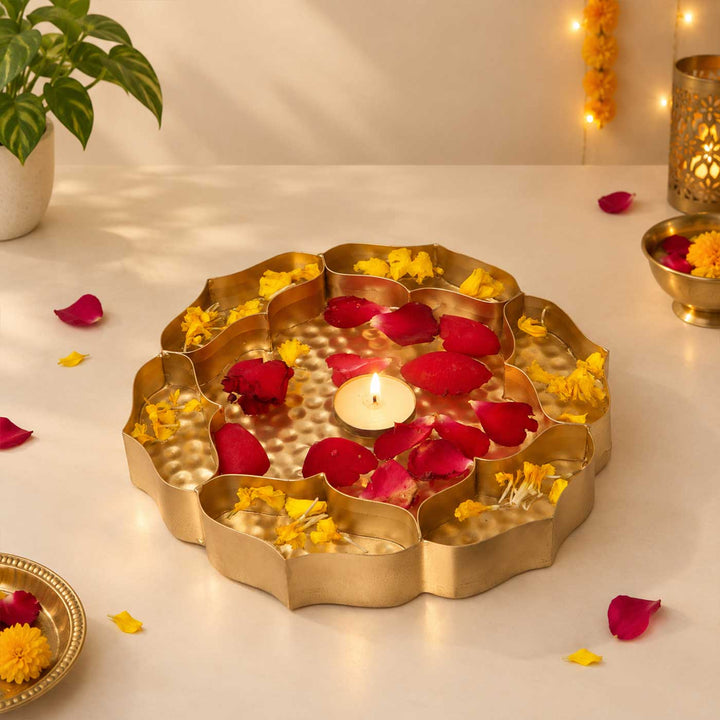 Handmade Gold Etched Flower Shape Partition Urli For Festive Decor