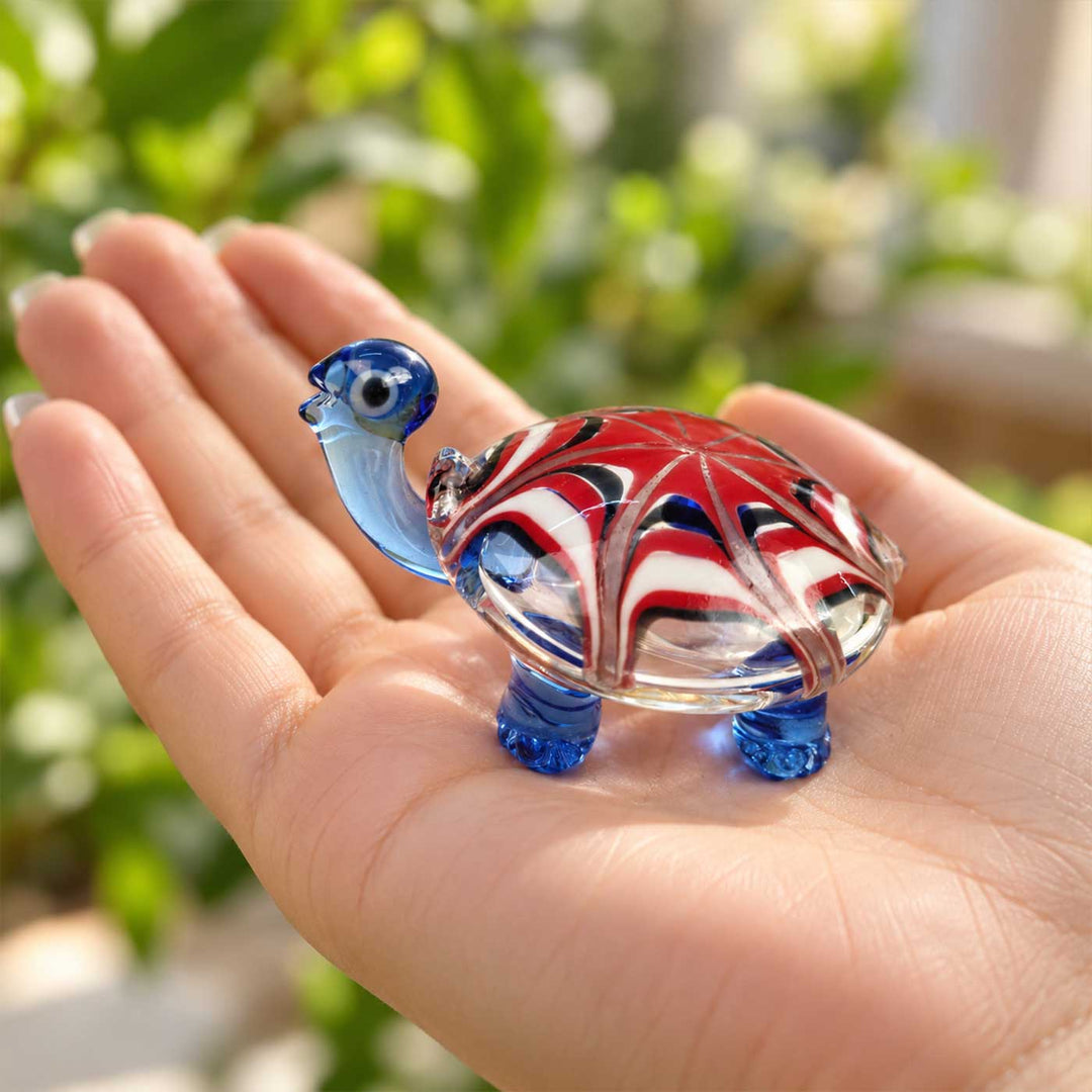 Handmade Blown Glass Blue & Red Swirl Turtle Miniature Figurine For Decor
