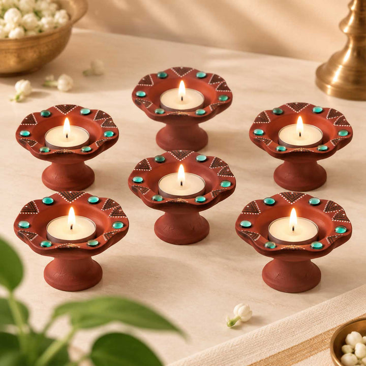 Set of 6 | Natural Finish Hand-Painted Flower-Shaped Terracotta Diya Tealight Holders For Festive Decor