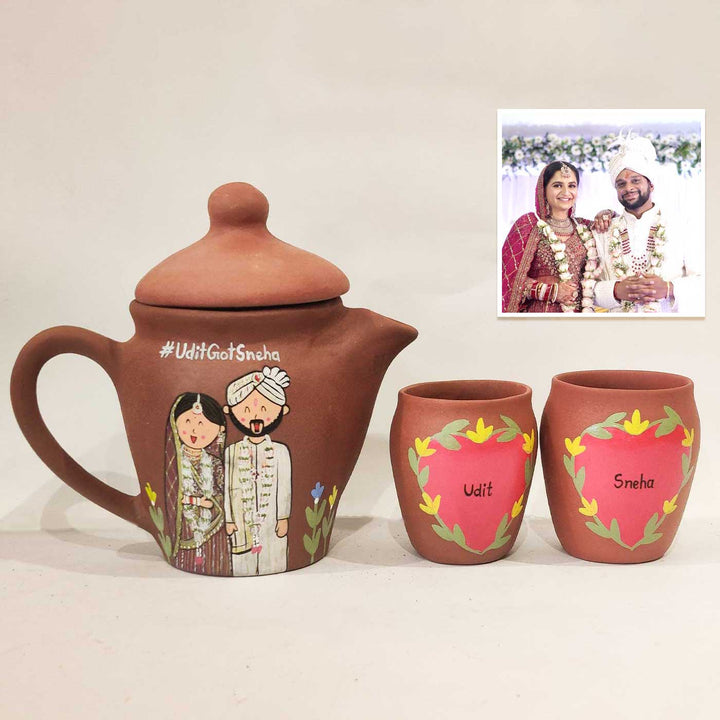 Wedding Keepsake| Handpainted Clay Teaset With Photo Based Caricature