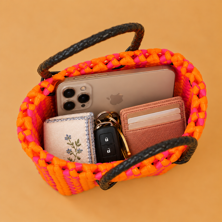 Mini Handwoven Orange & Pink Plastic Wire Koodai Bag