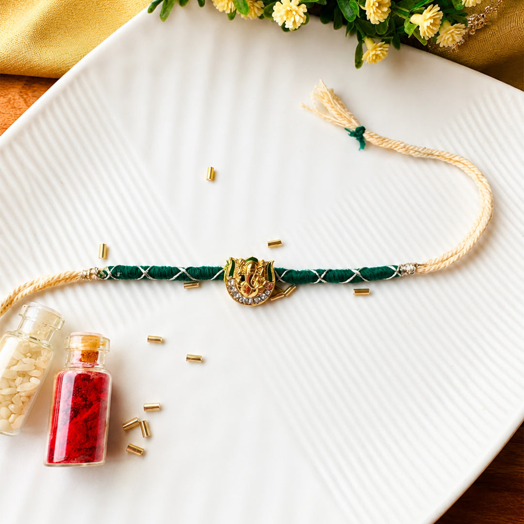 Reusable Handmade Lord Ganesha Charm Rakhi With Roli Chawal For Brother