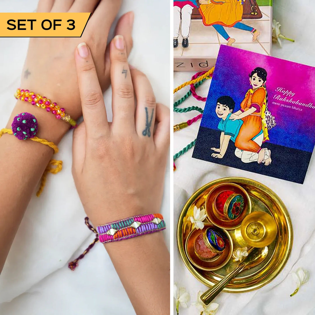 3 pc Rakhi + Brass Thali Set | Premium Koocha Laddoo Beaded Rakhi Set with Roli Chawal