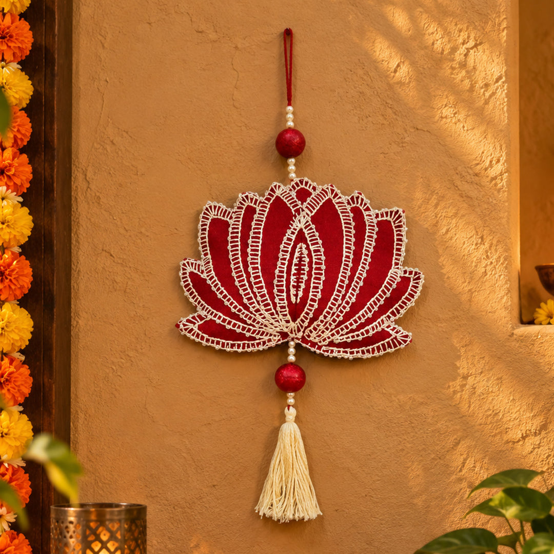 Hand Embroidered Aipan Art Kalpana Lotus Hanging with Glass Beads