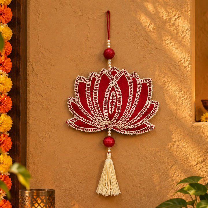 Hand Embroidered Aipan Art Kalpana Lotus Hanging with Glass Beads