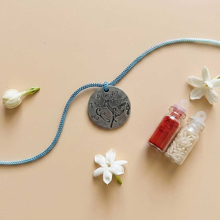 Engraved "After All This Time Always" Quote Metal Charm Rakhi With Roli Chawal for Brother