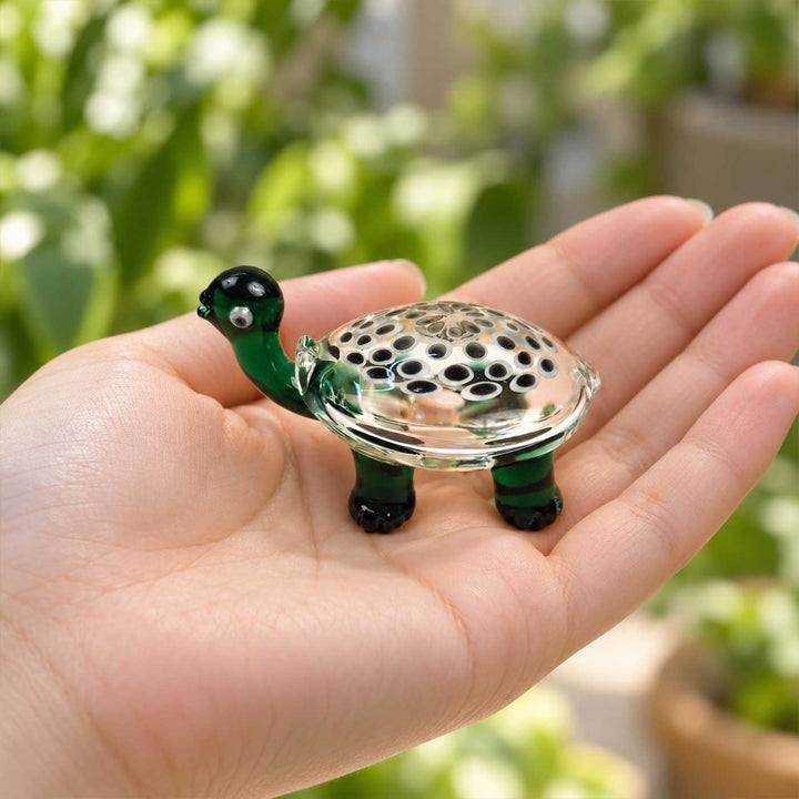 Handmade Blown Glass Green Polka Dot Turtle Miniature Figurine For Decor