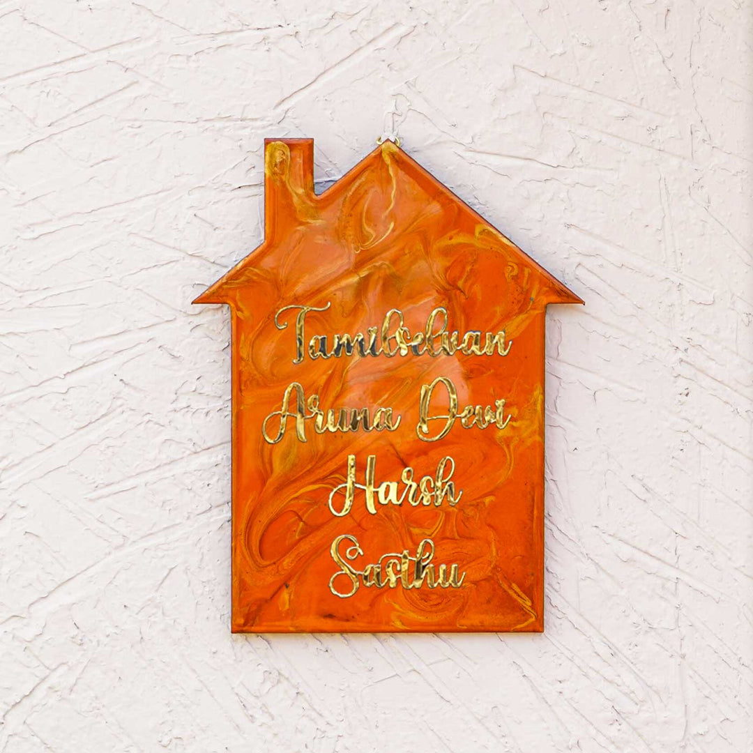 Handmade Resin Orange & Gold House Shaped Marbled Name Plate