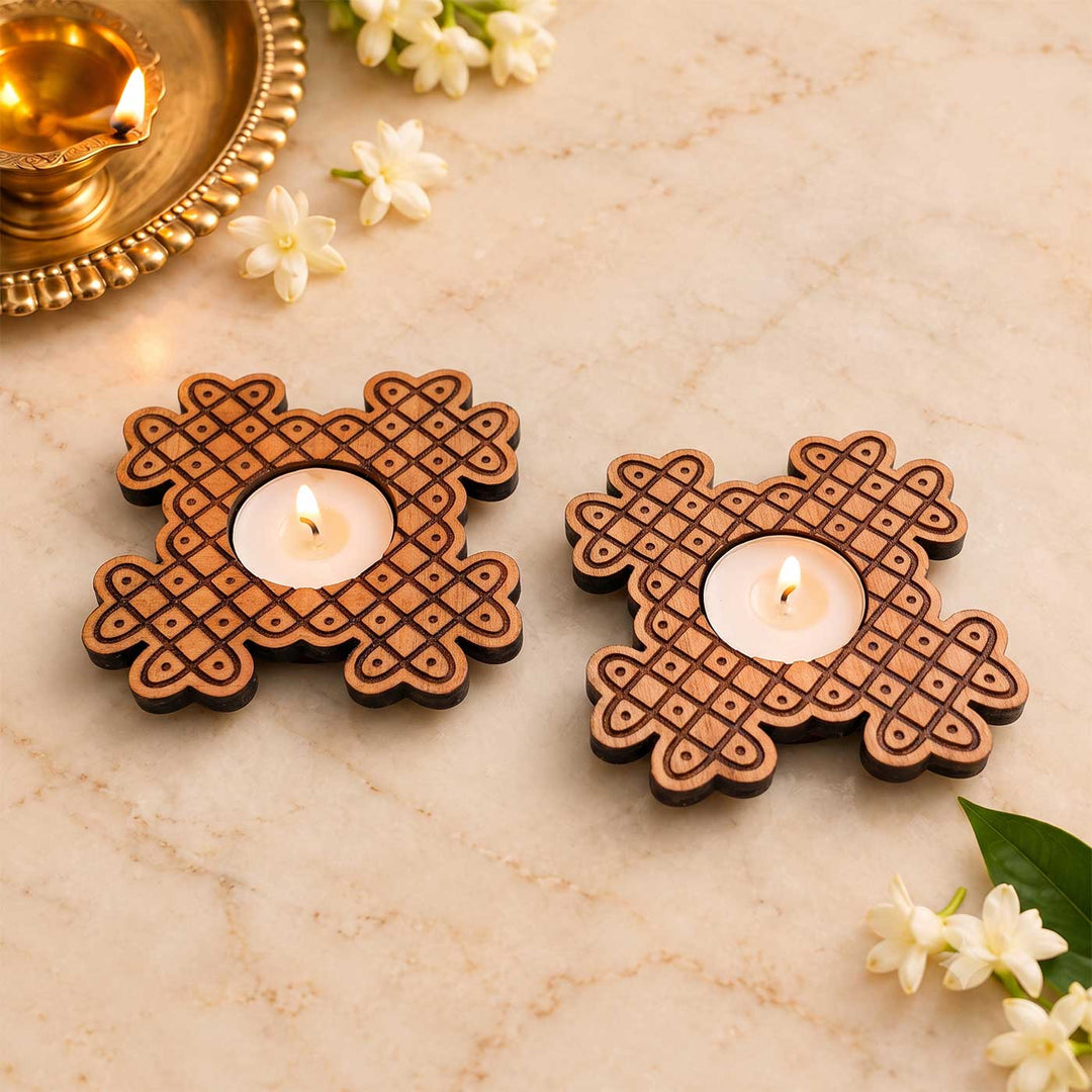 4 pc | Cross Lattice Hand-Engraved Mahogany Wood Kolam Tealight Holders