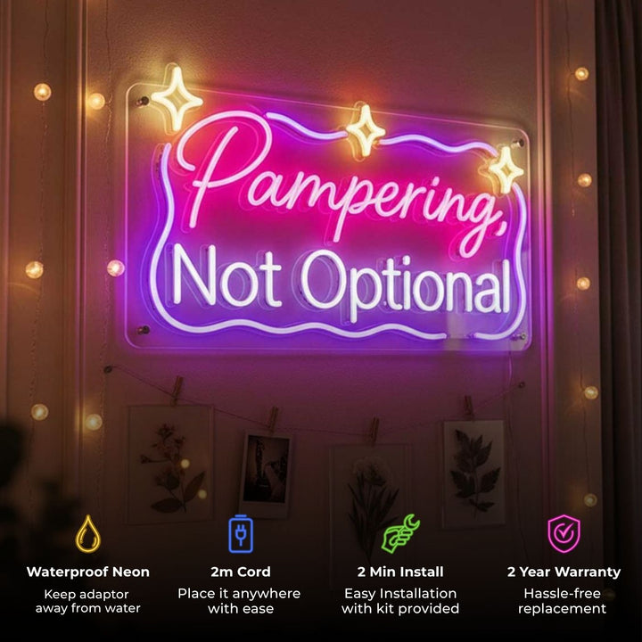 Handmade "Pampering Not Optional" Neon Light Sign Board For Pet Spa/Corner Decor