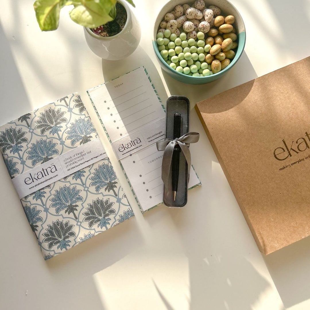 Sustainable Handmade Blue Lotus Productivity Stationary Hamper