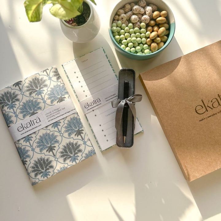 Sustainable Handmade Blue Lotus Productivity Stationary Hamper
