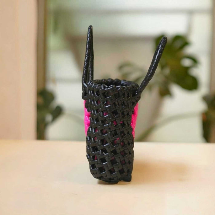 Handwoven Black Small Plastic Wire Koodai Bag With Pink Heart Motif For Festive Return Gifts