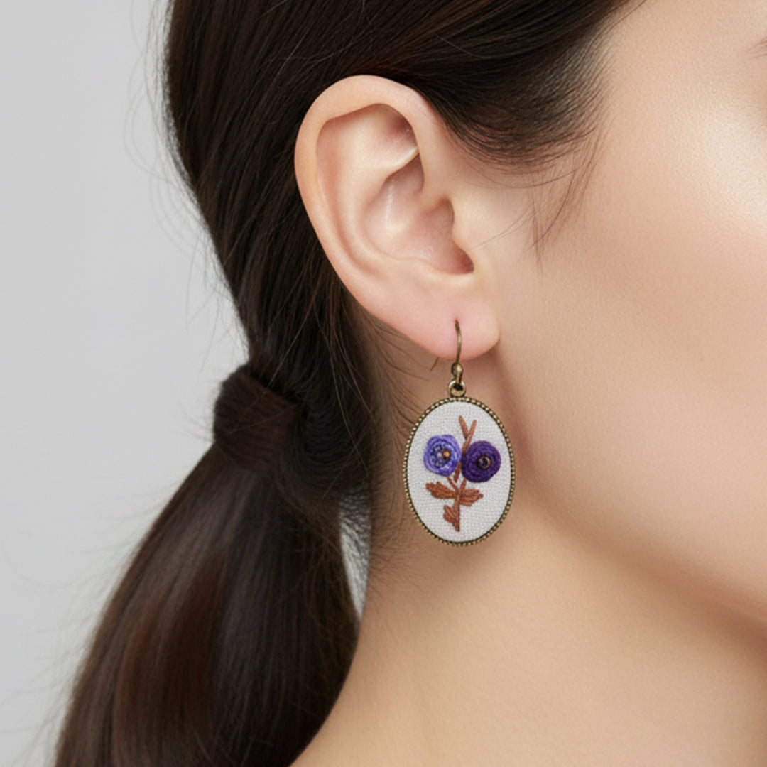 Hand Embroidered Moon Garden Bronze Tone Earrings