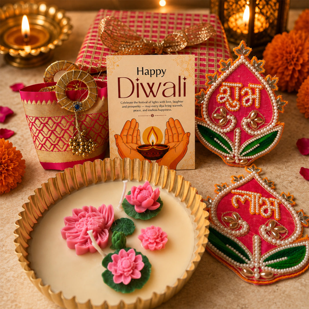 Shubh Labh Pink Celebration Diwali Gift Hamper With Urli Soy Wax Candle And Almond Potli For Festive Gifting