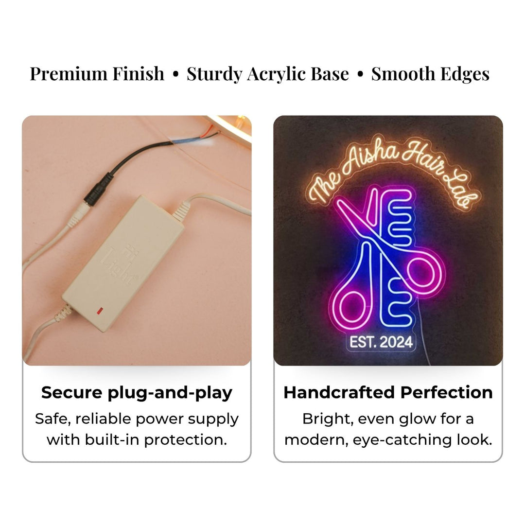 Personalized Hair Salon Neon Light Sign Board With Scissor Comb Motif