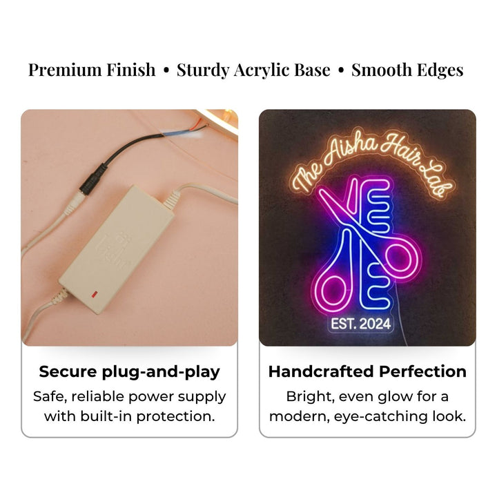 Personalized Hair Salon Neon Light Sign Board With Scissor Comb Motif
