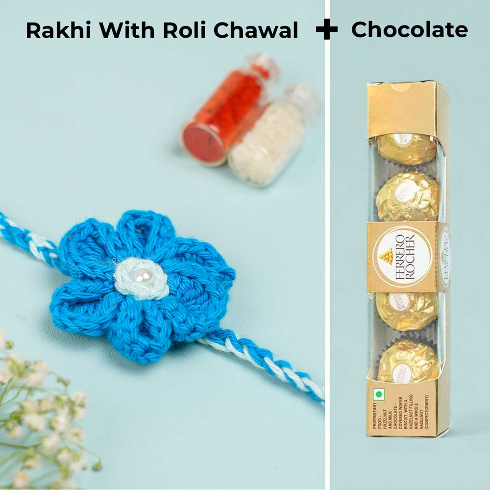 Customized Handmade Crochet Rubi Petal Floral Lumba Rakhi For Bhabhi With Roli Chawal - Rakhi with Roli Chawal and Chocolate