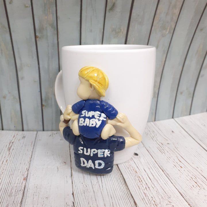 Handmade Polymer Clay Super Dad And Super Baby Theme Ceramic Mug