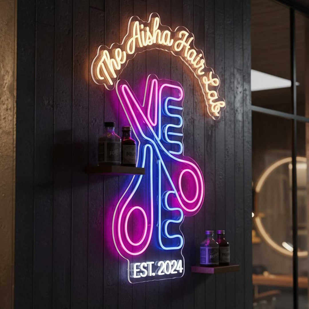 Personalized Hair Salon Neon Light Sign Board With Scissor Comb Motif