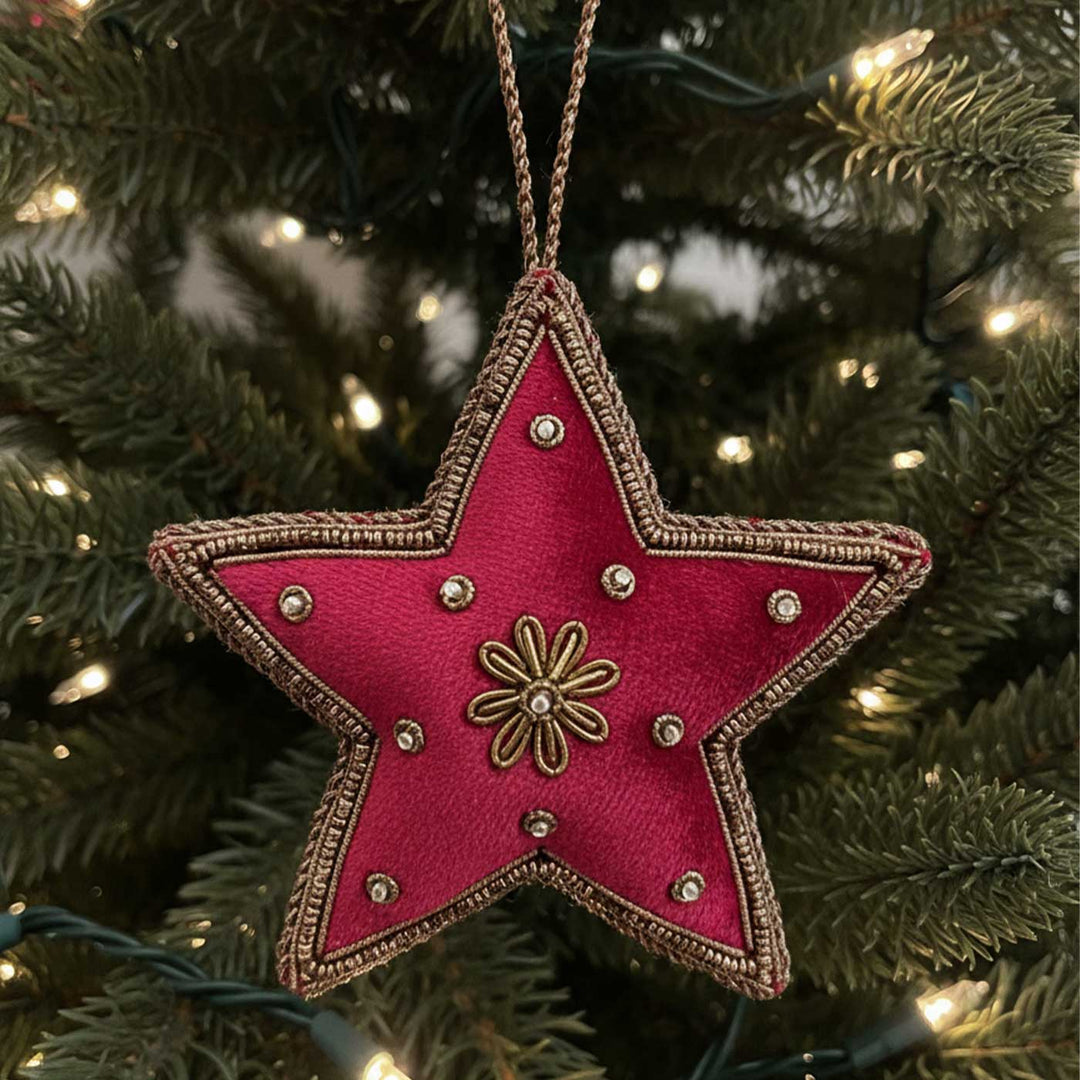 Red Flower Star Cotton Premium Zardozi Ornament