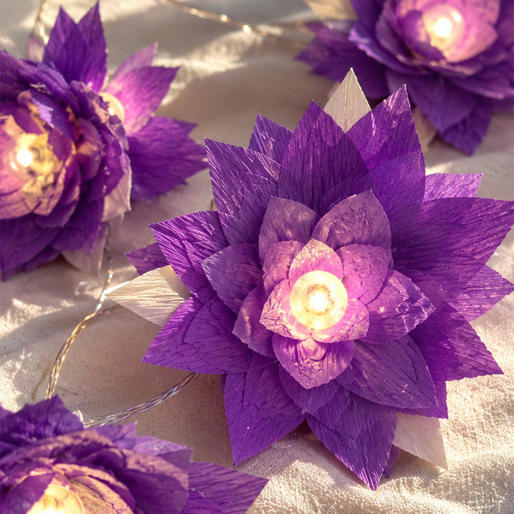 Handmade Phool Jhalar Crepe Paper Flower LED Fairy Light For Festive Decor - Purple & Green