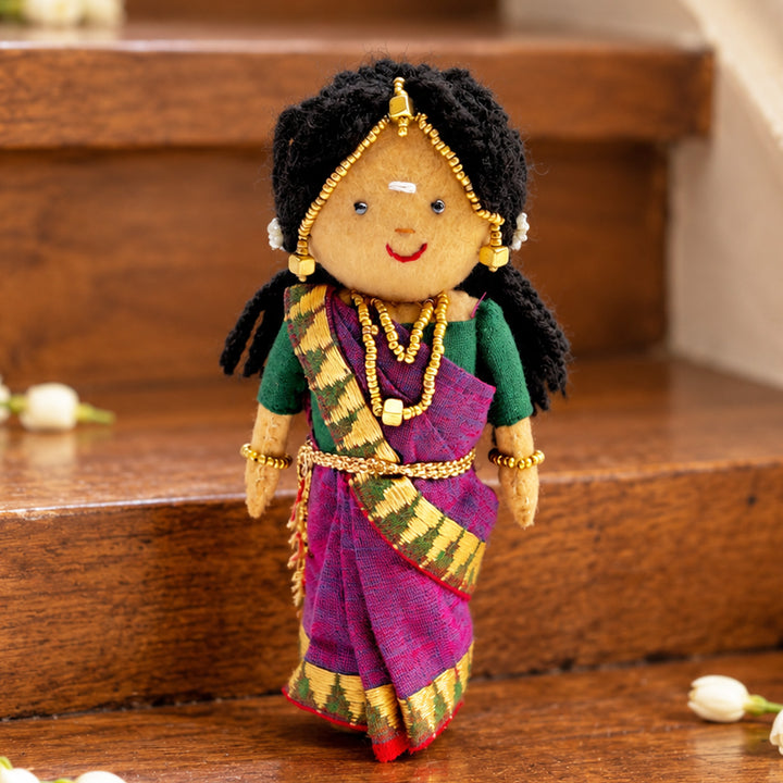 "Janaki" Handmade Felt & Fabric Golu Doll In Saree With Gajra For Festive Decor