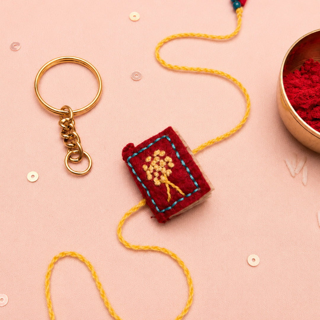 Hand Embroidered Book Rakhi With Keychain For Brother