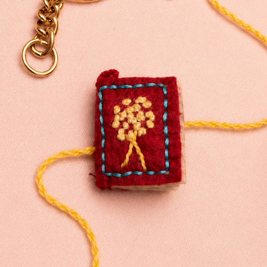 Hand Embroidered Book Rakhi With Keychain For Brother