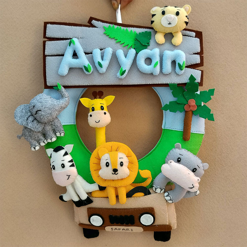 Personalized Jungle Safari Themed Round Felt Kid's Nameplate