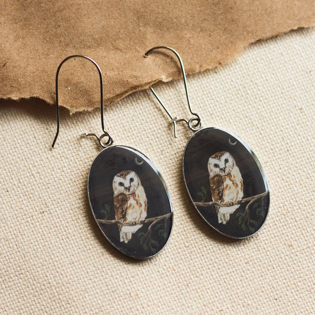 Illustrated Night Theme Owl Design Resin & Stainless Steel Earrings