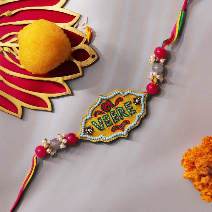 Hand Embroidered Beaded Veere Rakhi With Roli Chawal