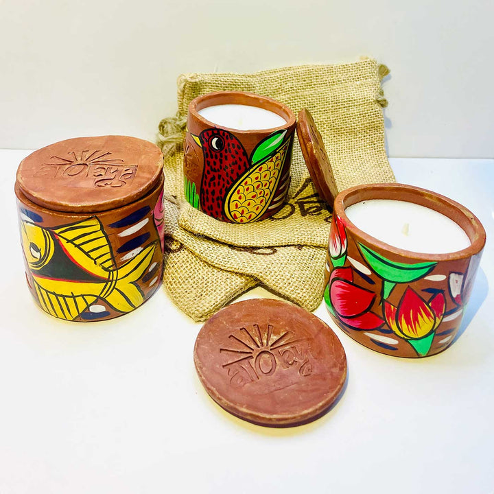 Hand-Painted Pattachitra Single Wick Scented Candle In Jute Bag | Set Of 3 (Assorted Designs)