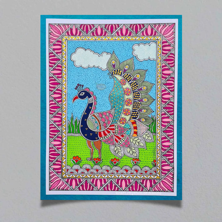 8 x 12 Inch | Peacock Garden | Original Hand Painted Madhubani Painting On Paper
