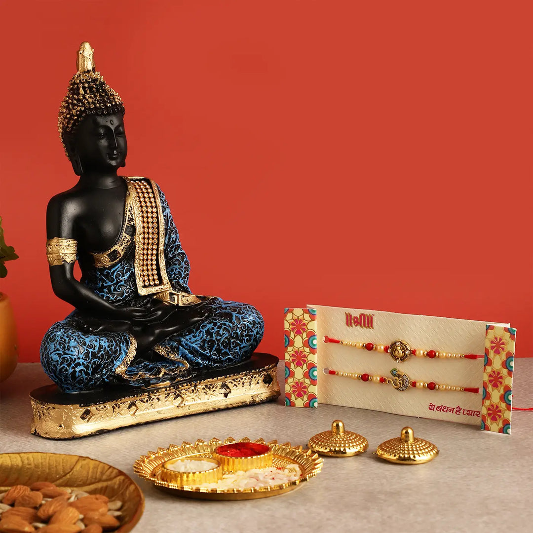 Handmade Festive Rakhi Hamper | Includes 1 Buddha Idol, 1 Ganesha Rakhi, 1 Om Rakhi, 1 Roli Chawal