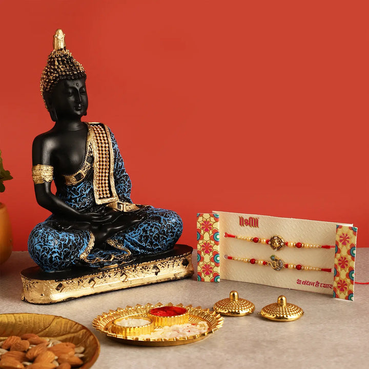 Handmade Festive Rakhi Hamper | Includes 1 Buddha Idol, 1 Ganesha Rakhi, 1 Om Rakhi, 1 Roli Chawal