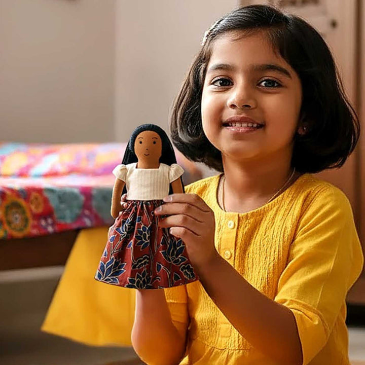 Nilah's (Younger Sister) Malar In White & Red Dress | Soft Hand-Stitched Sustainable Indian Play Doll