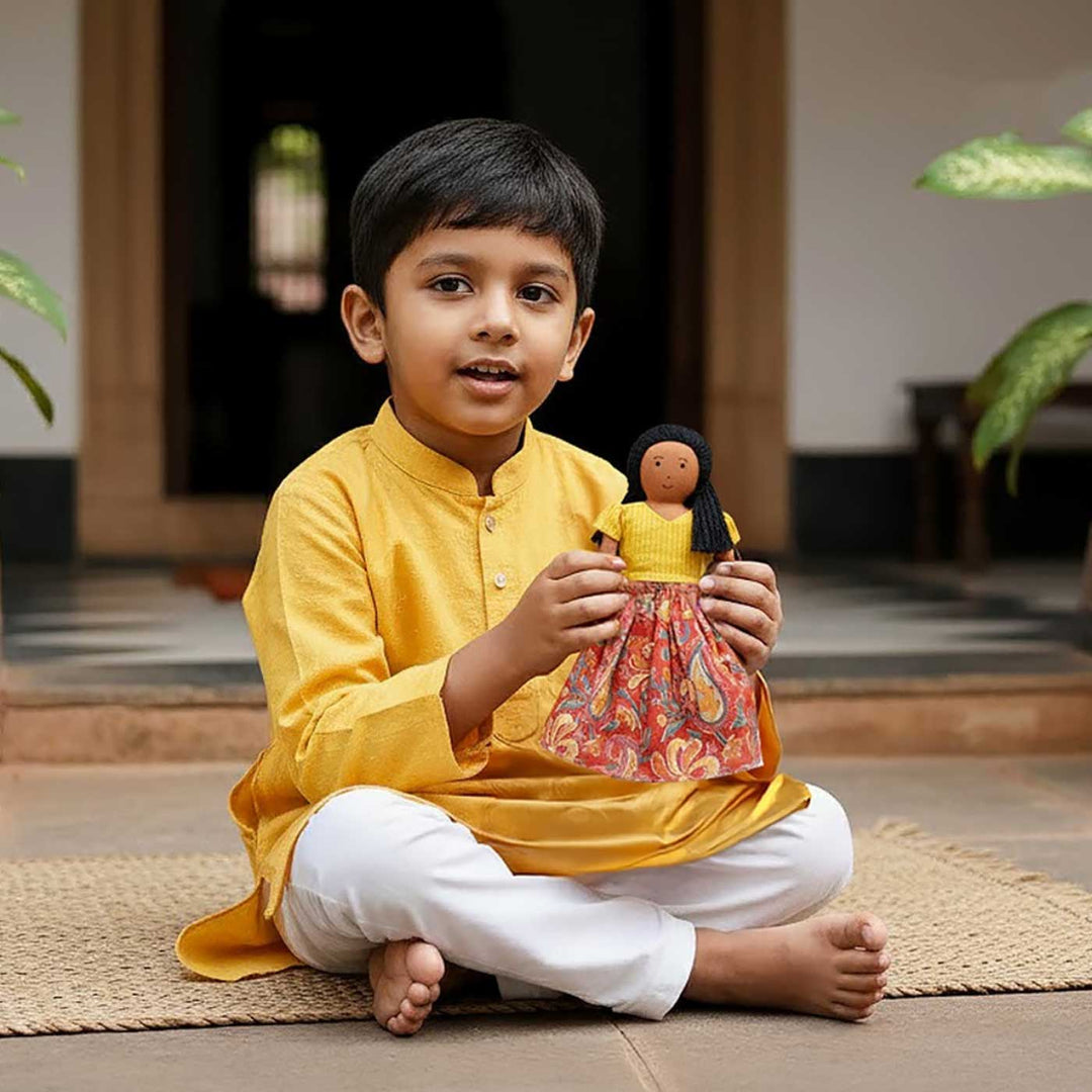 Nilah's (Elder Sister) Malai In Yellow & Orange Dress | Soft Hand-Stitched Sustainable Indian Play Doll
