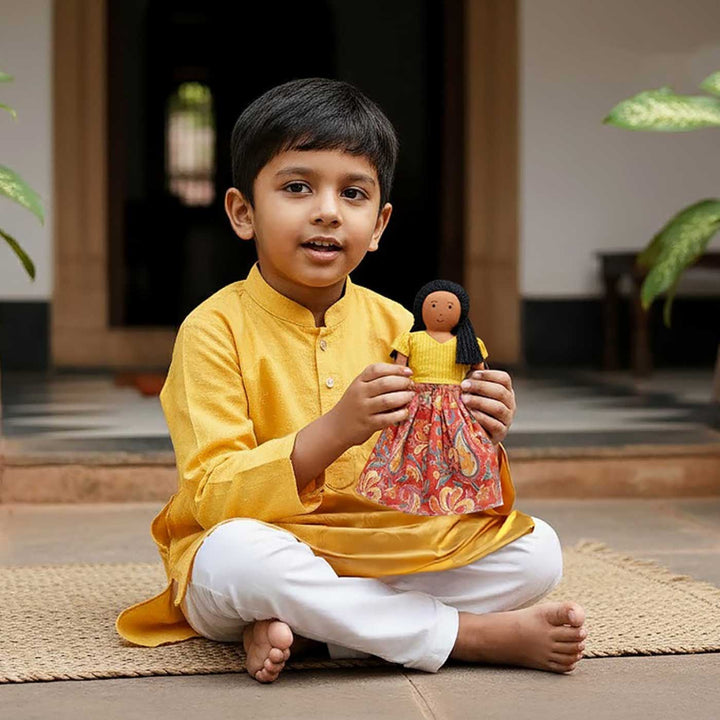 Nilah's (Elder Sister) Malai In Yellow & Orange Dress | Soft Hand-Stitched Sustainable Indian Play Doll
