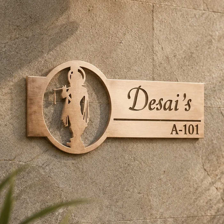 "Divine Krishna" Personalized Weatherproof Stainless Steel Name Plate With House Number For Home
