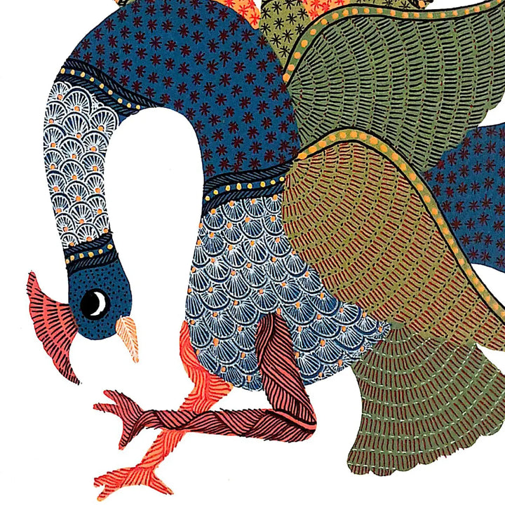 7 x 7 Inch | A Party Of Peacocks | Original Hand Painted Tribal Gond Art Painting | Acrylic Paints On Paper