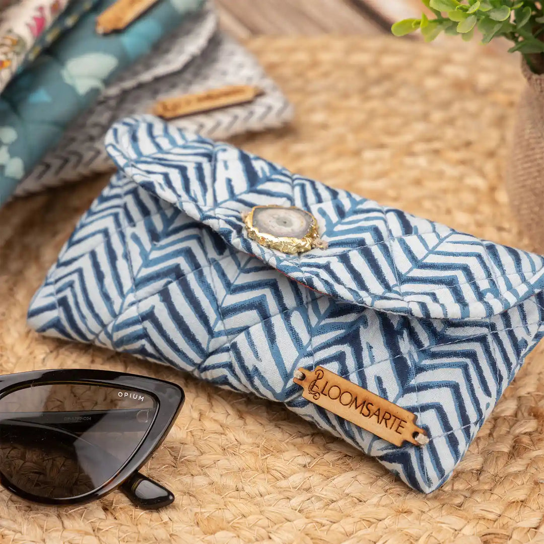 Blue Zebra Cotton Ecofriendly Spectacle Case With Agate Accent | 7 x 3.75 inch