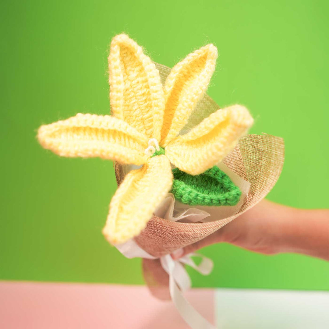 Personalized Handmade Crochet Yellow Lily Rakhi Hamper Includes 1 Crochet Flower 1 Message Card And 1 Rakhi And Roli Chawal - Close-up of Crochet Flower Arrangement