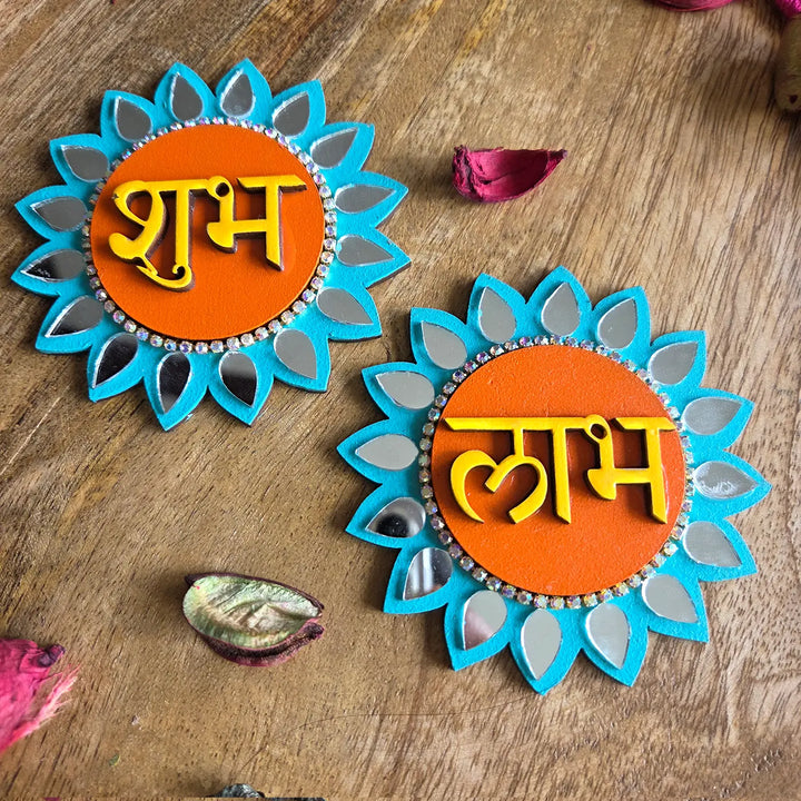 Hand-Painted Mirror Work Floral MDF Wood Shubh Labh Hangings | Set Of 2