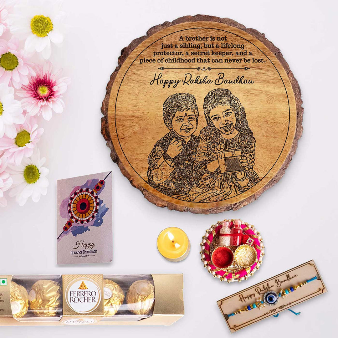 Photo Personalized Engraved Cute Bro Sis Theme Wooden Decorative Plaque Rakhi Hamper Includes 1 Rakhi 1 Plaque 1 Chocolate 1 Card And 1 Rakhi Plate - Plaque with Gift Items Arrangement