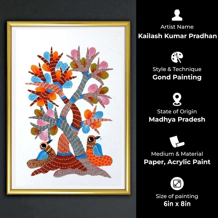 6 x 8 Inch | Bird & Tree | Original Hand painted Tribal Gond Art Painting | Acrylic Paints On Paper