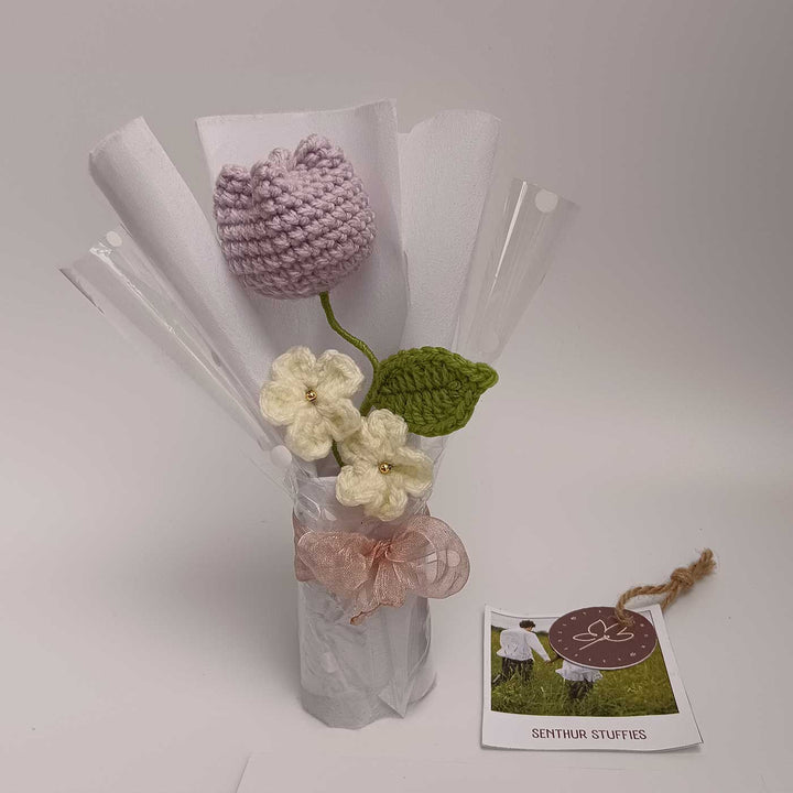 Handmade Crochet Lavender Tulip Mini Flower Bouquet | Includes Photo & Greeting Card