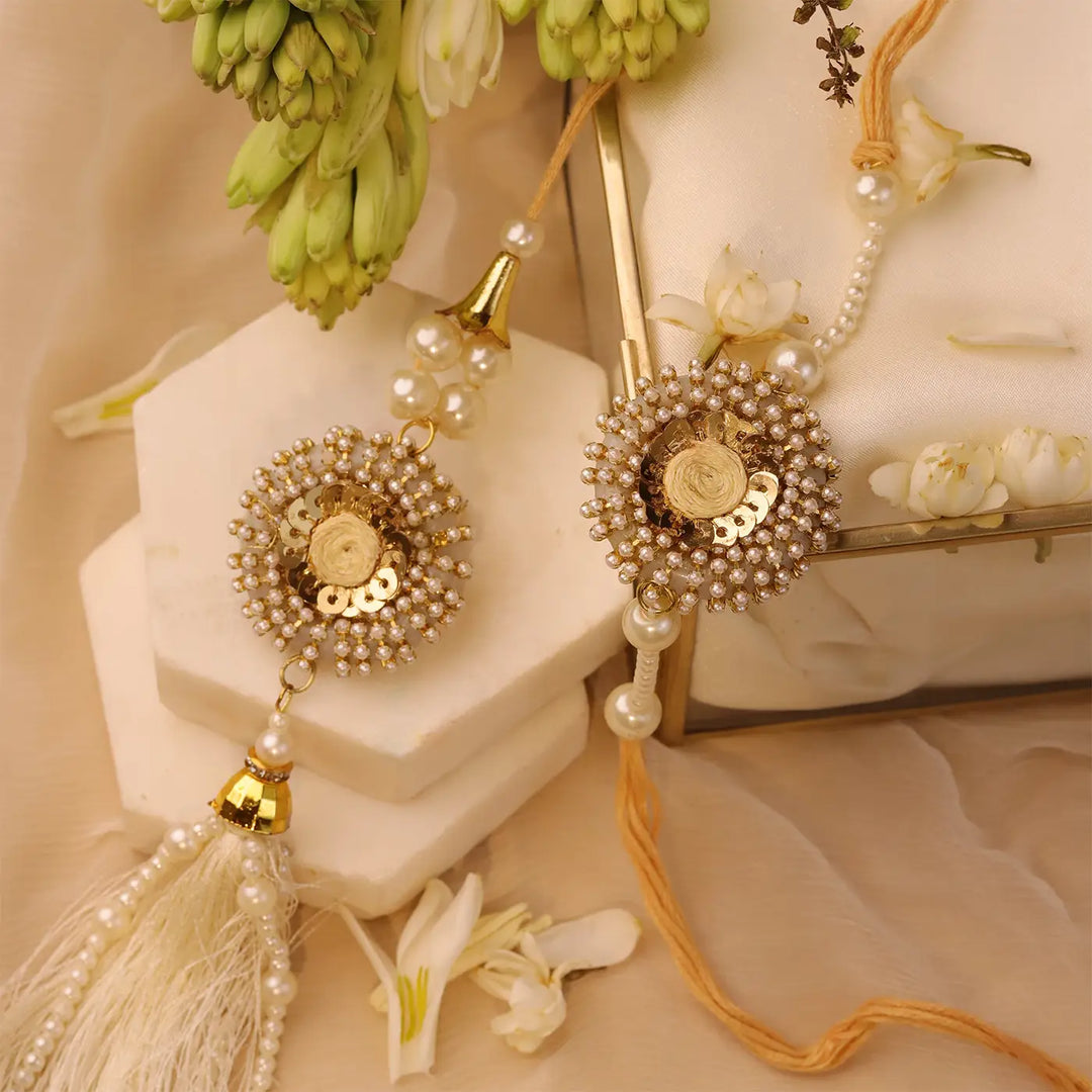 Handmade Golden Cowry Shell Bhaiya Bhabhi Rakhi With Roli Chawal | Set Of 2
